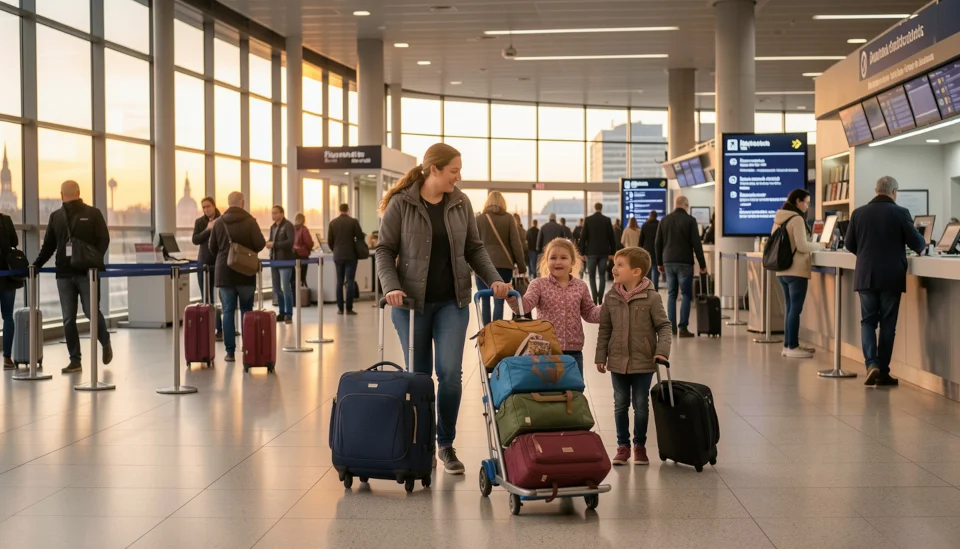 Mother and two kids with luggage
